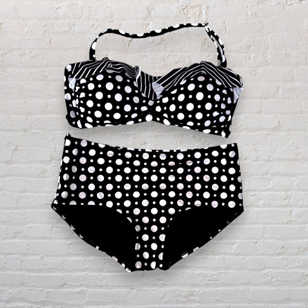 SWIMSUITS FOR ALL Black White Polka Dot 2-PC Bikini Ruffle Top & Bottom 14/16